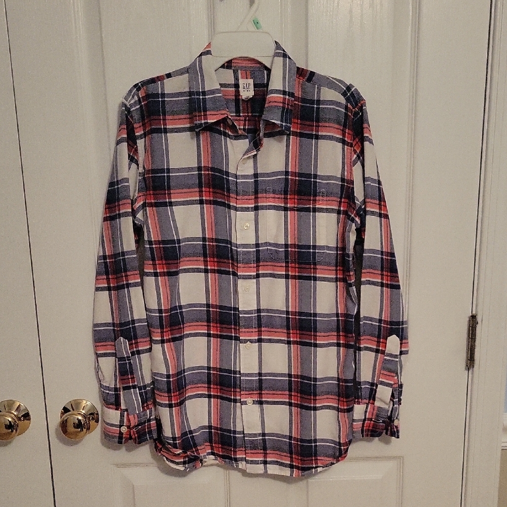 GAP Kids Boy's White, Red, and Black Plaid Button-Down Shirt
